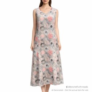 Feather Touch M Grey Pink Floral A-Line Midi Dress Boho Romantic Cottagecore